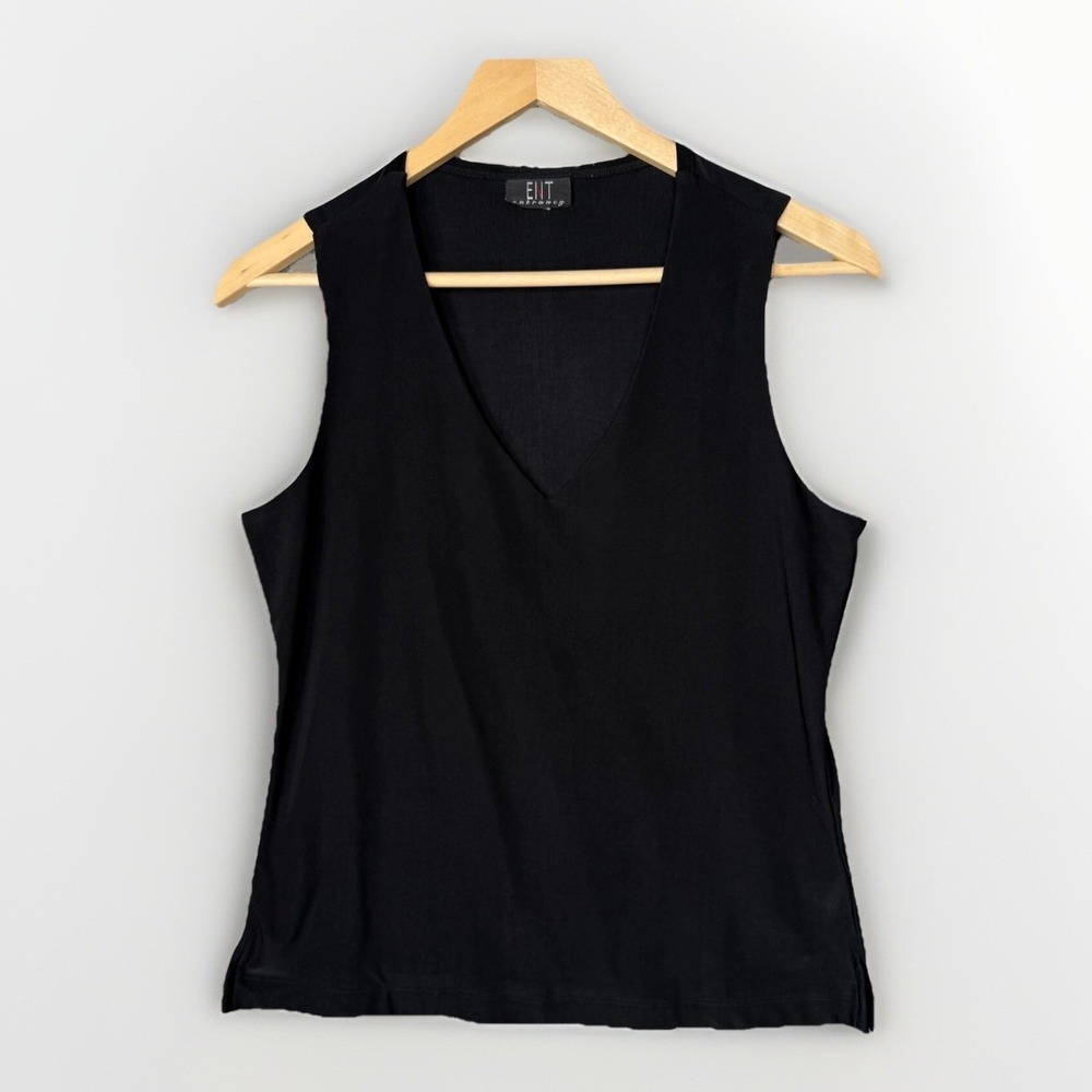 90s Black Stretch V-Neck Tank Slimming Y2K Double Lined Womens Large Minimalist